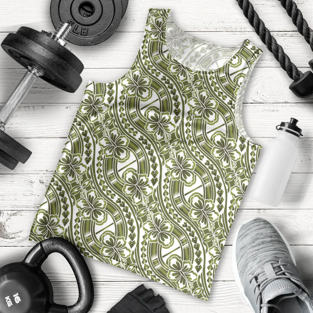 Hibiscus Bloom Island Tribal Waves Men Tank Top Olive Green Polynesian Pattern LT01 - Polynesian Pride