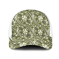 Hibiscus Bloom Island Tribal Waves Mesh Trucker Cap Olive Green Polynesian Pattern LT01 One Size White Olive Green - Polynesian Pride