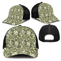 Hibiscus Bloom Island Tribal Waves Mesh Trucker Cap Olive Green Polynesian Pattern LT01 - Polynesian Pride