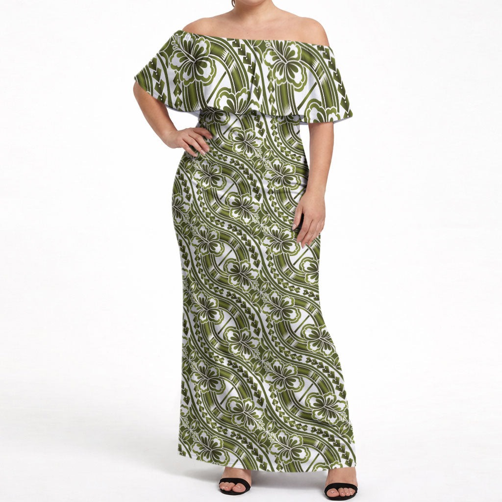 Hibiscus Bloom Island Tribal Waves Off Shoulder Maxi Dress Olive Green Polynesian Pattern LT01 Women Olive Green - Polynesian Pride