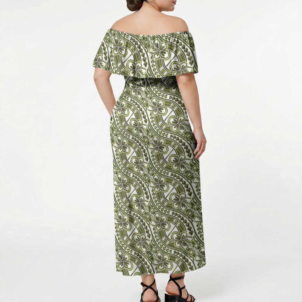 Hibiscus Bloom Island Tribal Waves Off Shoulder Maxi Dress Olive Green Polynesian Pattern LT01 - Polynesian Pride