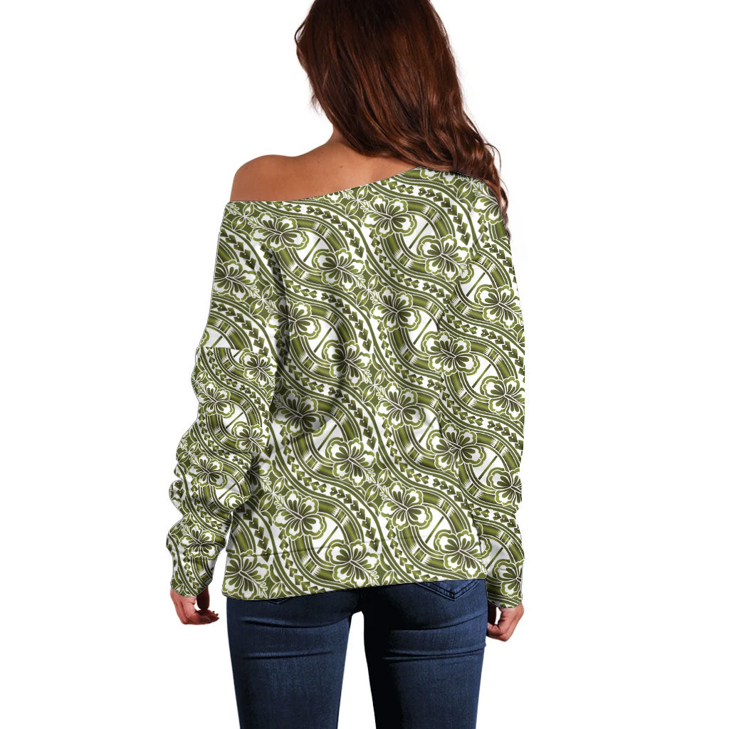 Hibiscus Bloom Island Tribal Waves Off Shoulder Sweater Olive Green Polynesian Pattern LT01 - Polynesian Pride