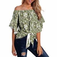 Hibiscus Bloom Island Tribal Waves Off Shoulder Wrap Waist Top Olive Green Polynesian Pattern LT01 Olive Green - Polynesian Pride