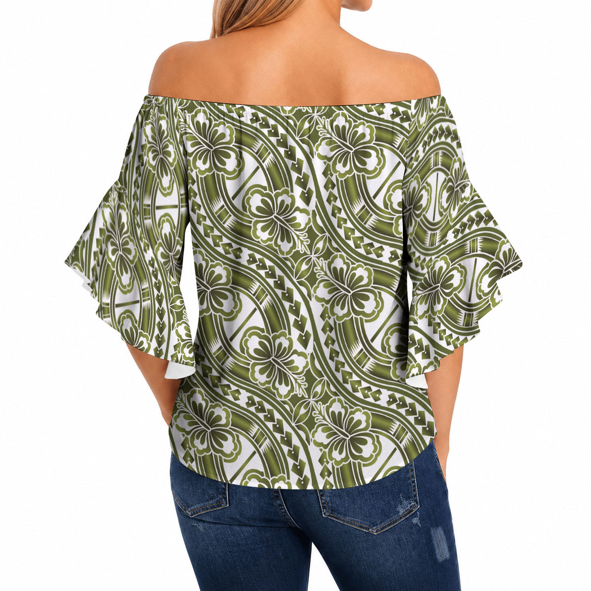 Hibiscus Bloom Island Tribal Waves Off Shoulder Wrap Waist Top Olive Green Polynesian Pattern LT01 - Polynesian Pride