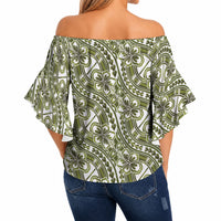 Hibiscus Bloom Island Tribal Waves Off Shoulder Wrap Waist Top Olive Green Polynesian Pattern LT01 - Polynesian Pride