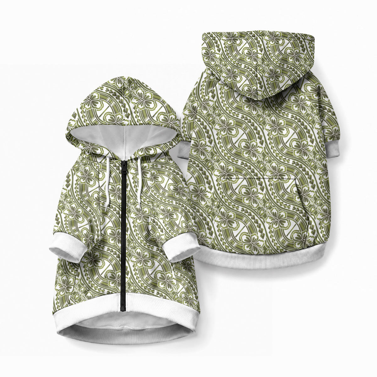 Hibiscus Bloom Island Tribal Waves Pet Hoodie Olive Green Polynesian Pattern LT01 Zip-up Olive Green - Polynesian Pride