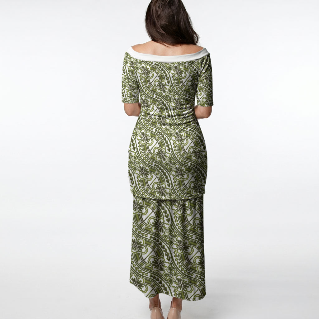 Hibiscus Bloom Island Tribal Waves Puletasi Olive Green Polynesian Pattern LT01 - Polynesian Pride