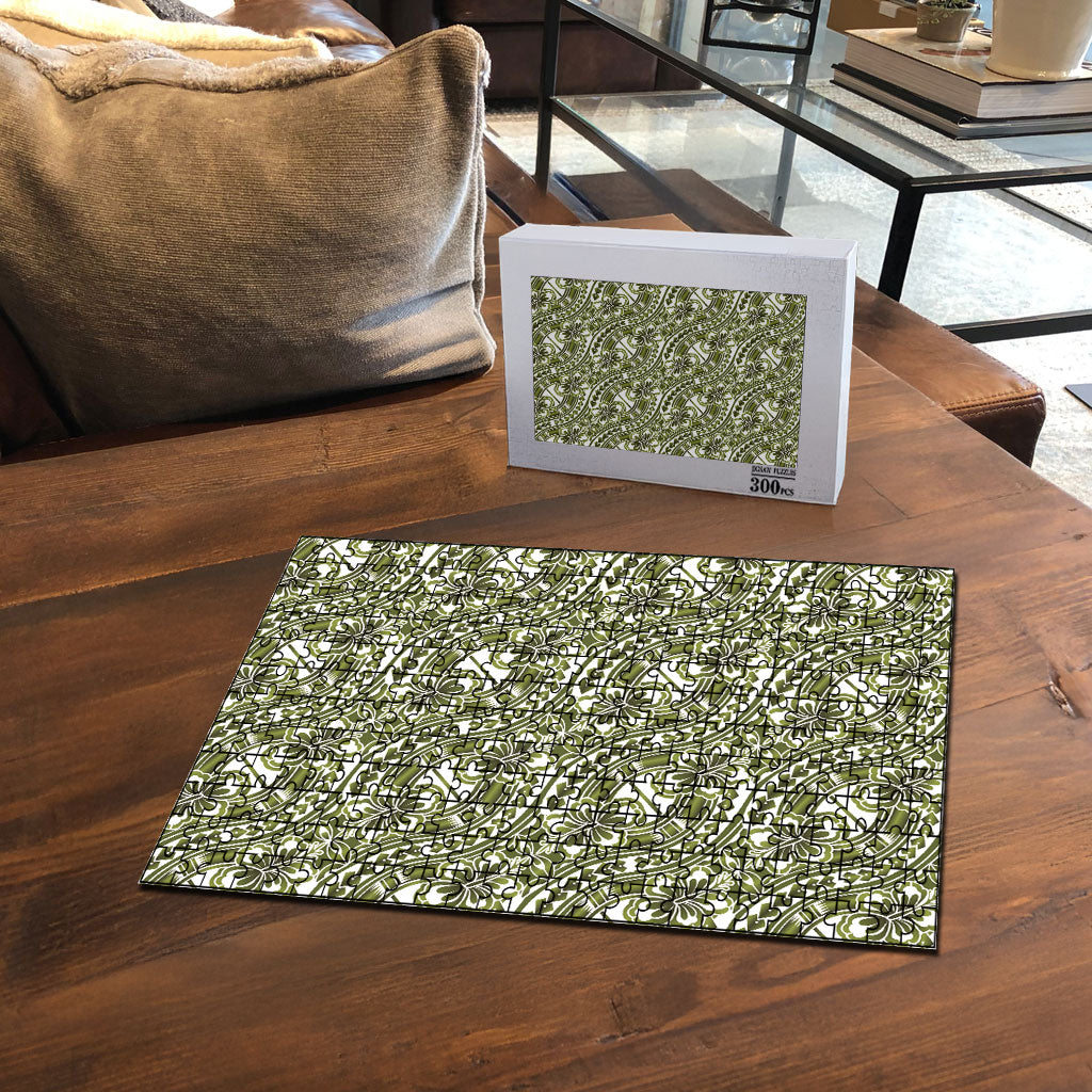 Hibiscus Bloom Island Tribal Waves Puzzle Olive Green Polynesian Pattern LT01 - Polynesian Pride