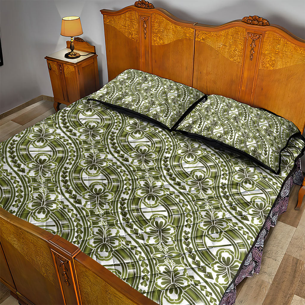 Hibiscus Bloom Island Tribal Waves Quilt Bed Set Olive Green Polynesian Pattern LT01 - Polynesian Pride