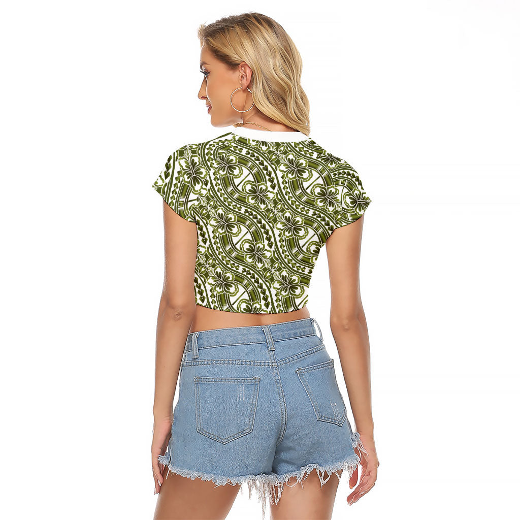 Hibiscus Bloom Island Tribal Waves Raglan Cropped T Shirt Olive Green Polynesian Pattern LT01 - Polynesian Pride