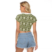 Hibiscus Bloom Island Tribal Waves Raglan Cropped T Shirt Olive Green Polynesian Pattern LT01 - Polynesian Pride