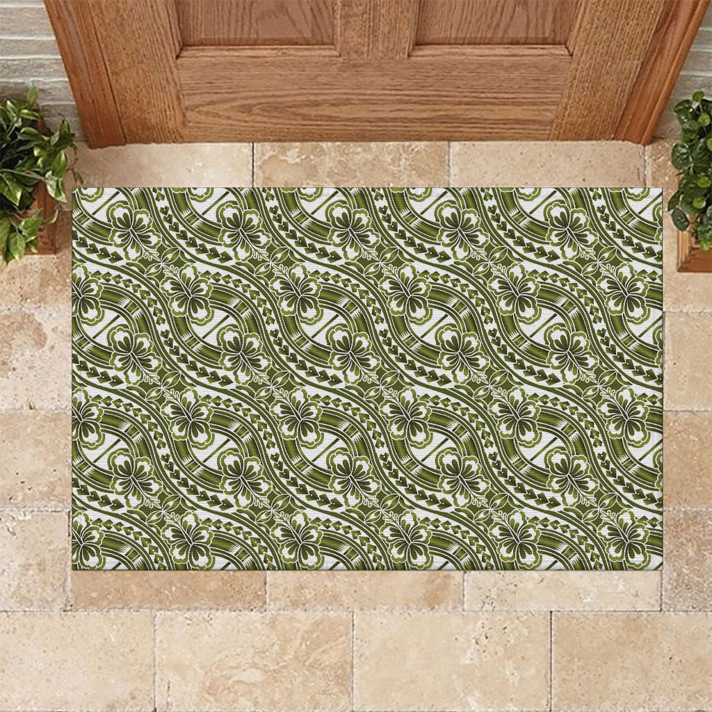 Hibiscus Bloom Island Tribal Waves Rubber Doormat Olive Green Polynesian Pattern LT01 Olive Green - Polynesian Pride