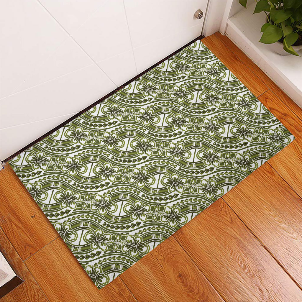 Hibiscus Bloom Island Tribal Waves Rubber Doormat Olive Green Polynesian Pattern LT01 - Polynesian Pride