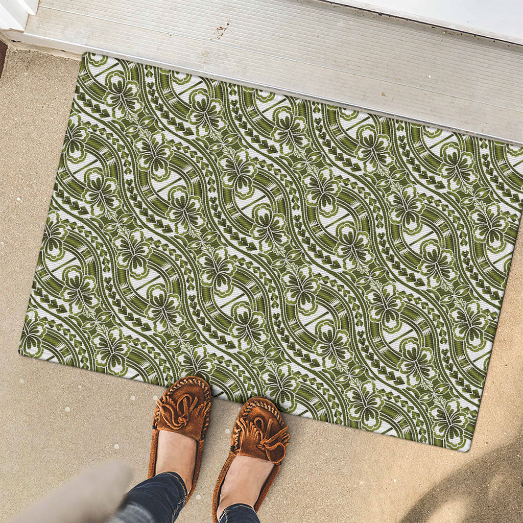 Hibiscus Bloom Island Tribal Waves Rubber Doormat Olive Green Polynesian Pattern LT01 - Polynesian Pride