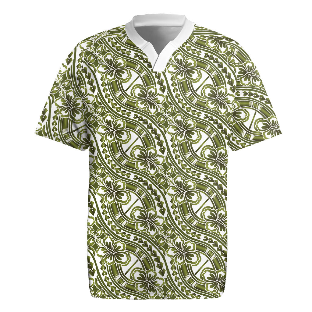 Hibiscus Bloom Island Tribal Waves Rugby Jersey Olive Green Polynesian Pattern LT01 Olive Green - Polynesian Pride