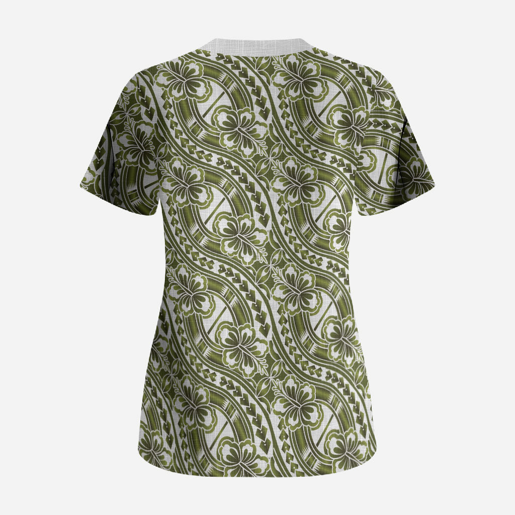 Hibiscus Bloom Island Tribal Waves Scrub Top Olive Green Polynesian Pattern LT01 - Polynesian Pride