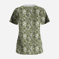 Hibiscus Bloom Island Tribal Waves Scrub Top Olive Green Polynesian Pattern LT01 - Polynesian Pride