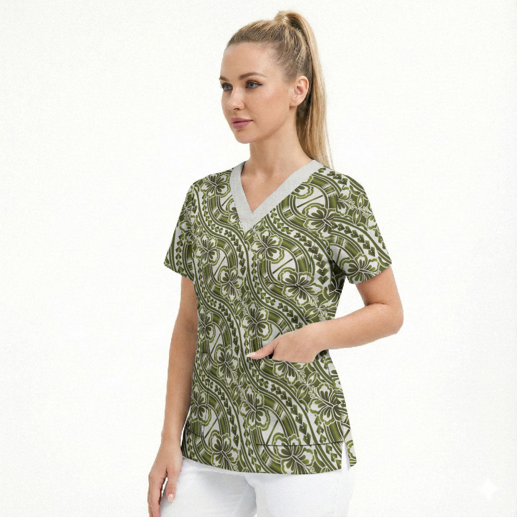 Hibiscus Bloom Island Tribal Waves Scrub Top Olive Green Polynesian Pattern LT01 - Polynesian Pride