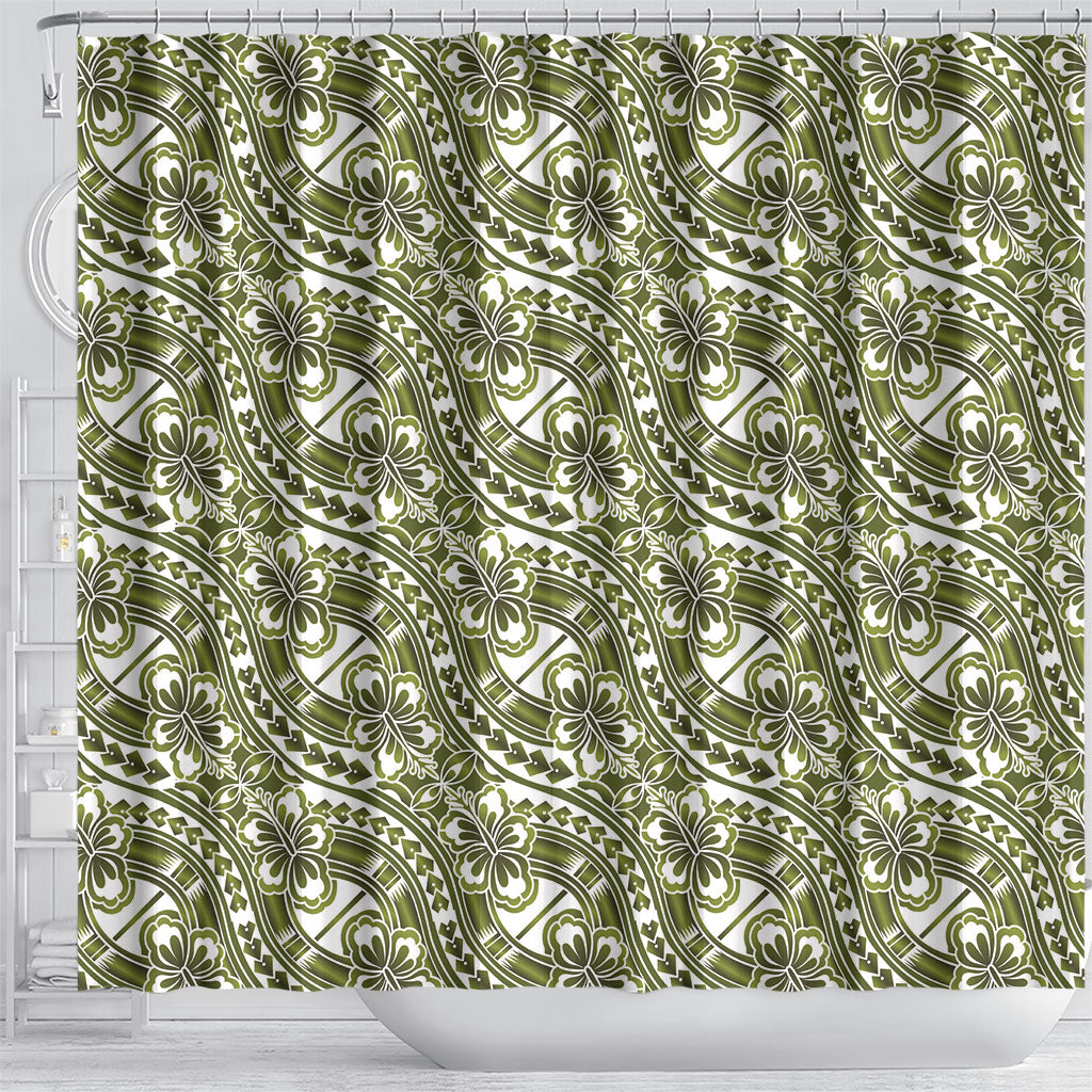 Hibiscus Bloom Island Tribal Waves Shower Curtain Olive Green Polynesian Pattern LT01 - Polynesian Pride