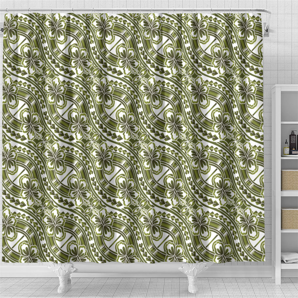 Hibiscus Bloom Island Tribal Waves Shower Curtain Olive Green Polynesian Pattern LT01 - Polynesian Pride