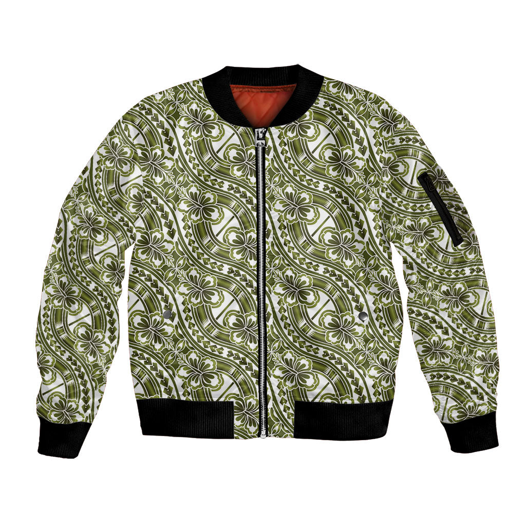 Hibiscus Bloom Island Tribal Waves Sleeve Zip Bomber Jacket Olive Green Polynesian Pattern LT01 Unisex Olive Green - Polynesian Pride