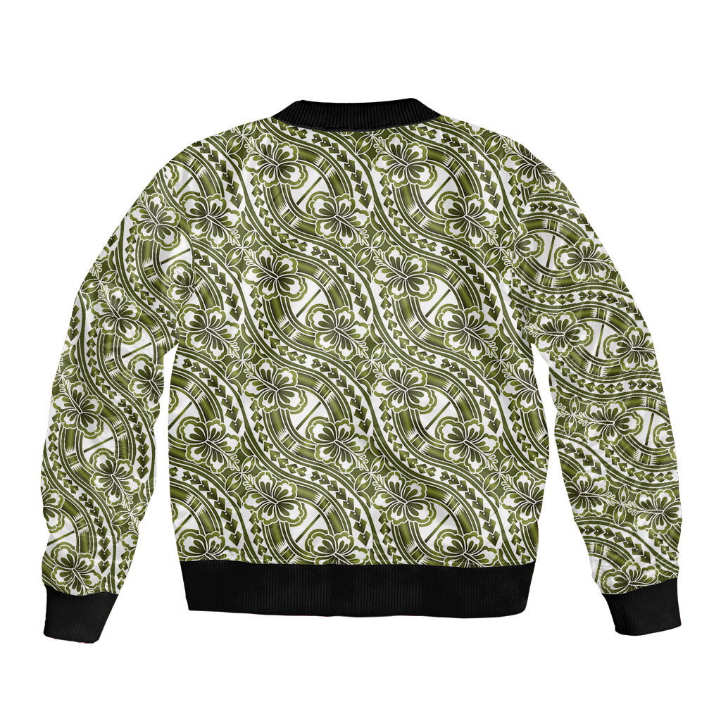 Hibiscus Bloom Island Tribal Waves Sleeve Zip Bomber Jacket Olive Green Polynesian Pattern LT01 - Polynesian Pride