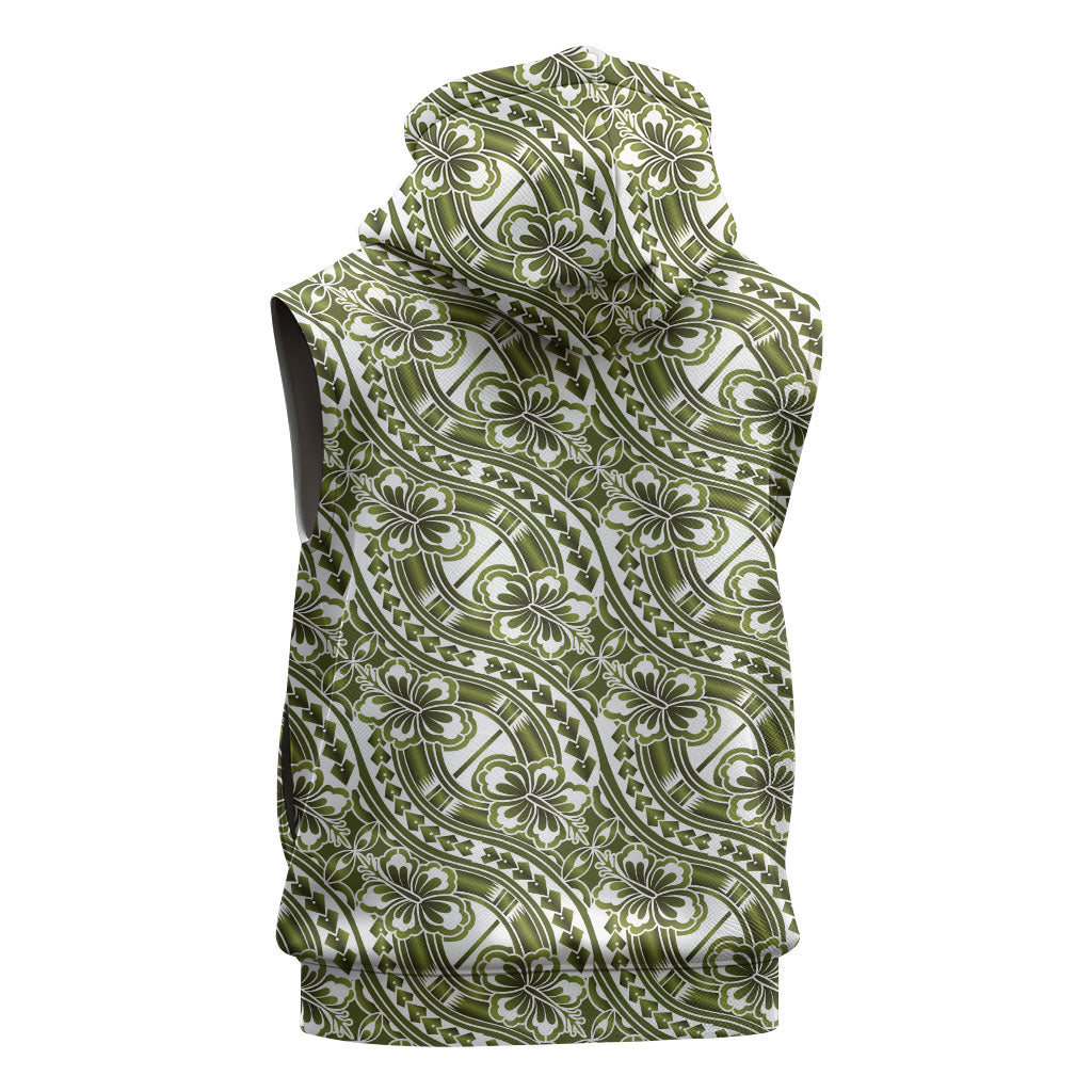 Hibiscus Bloom Island Tribal Waves Sleeveless Hoodie Olive Green Polynesian Pattern LT01 - Polynesian Pride