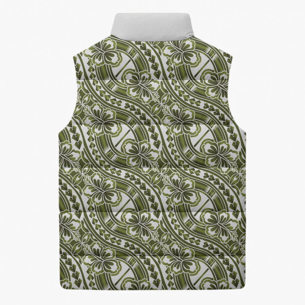 Hibiscus Bloom Island Tribal Waves Sleeveless Puffer Jacket Olive Green Polynesian Pattern LT01 - Polynesian Pride