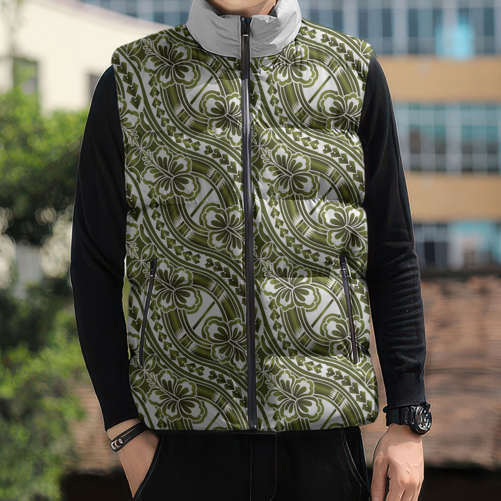 Hibiscus Bloom Island Tribal Waves Sleeveless Puffer Jacket Olive Green Polynesian Pattern LT01 - Polynesian Pride