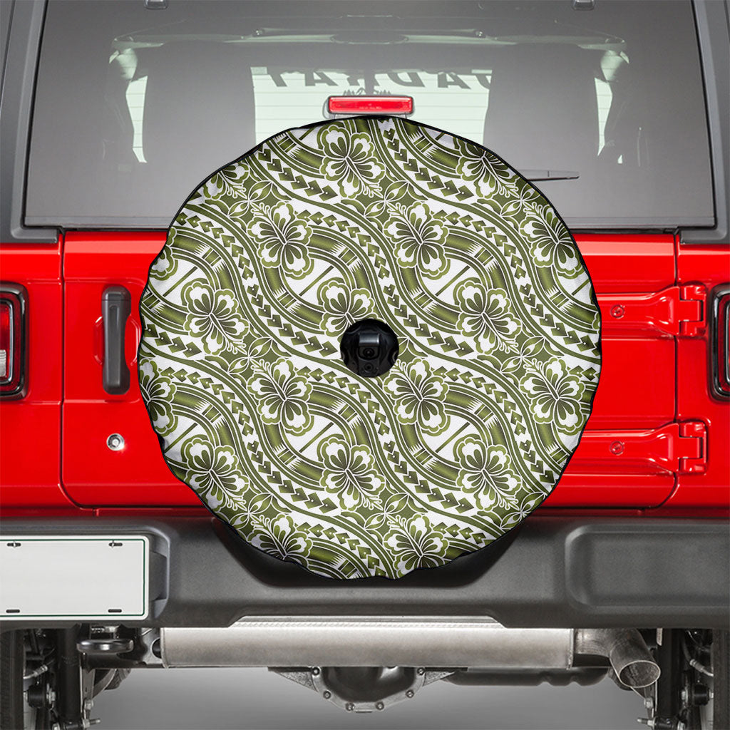 Hibiscus Bloom Island Tribal Waves Spare Tire Cover Olive Green Polynesian Pattern LT01 - Polynesian Pride
