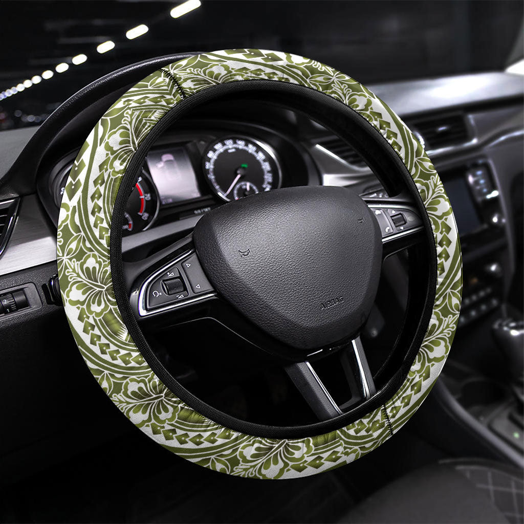 Hibiscus Bloom Island Tribal Waves Steering Wheel Cover Olive Green Polynesian Pattern LT01 Universal Fit Olive Green - Polynesian Pride
