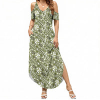 Hibiscus Bloom Island Tribal Waves Summer Maxi Dress Olive Green Polynesian Pattern LT01 Women Olive Green - Polynesian Pride