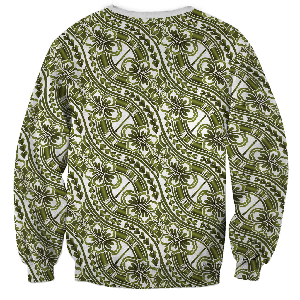 Hibiscus Bloom Island Tribal Waves Sweatshirt Olive Green Polynesian Pattern LT01 - Polynesian Pride