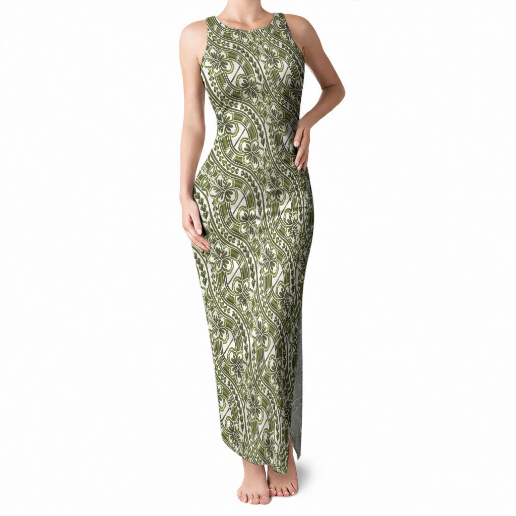 Hibiscus Bloom Island Tribal Waves Tank Maxi Dress Olive Green Polynesian Pattern LT01 Women Olive Green - Polynesian Pride