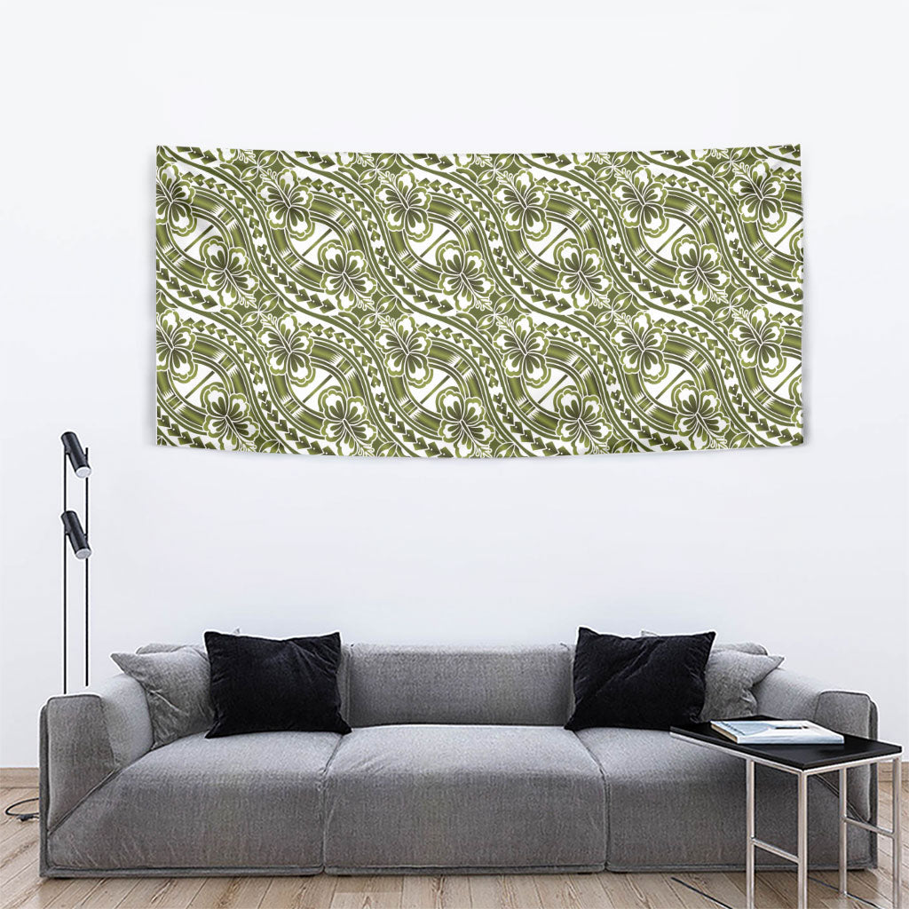 Hibiscus Bloom Island Tribal Waves Tapestry Olive Green Polynesian Pattern LT01 - Polynesian Pride