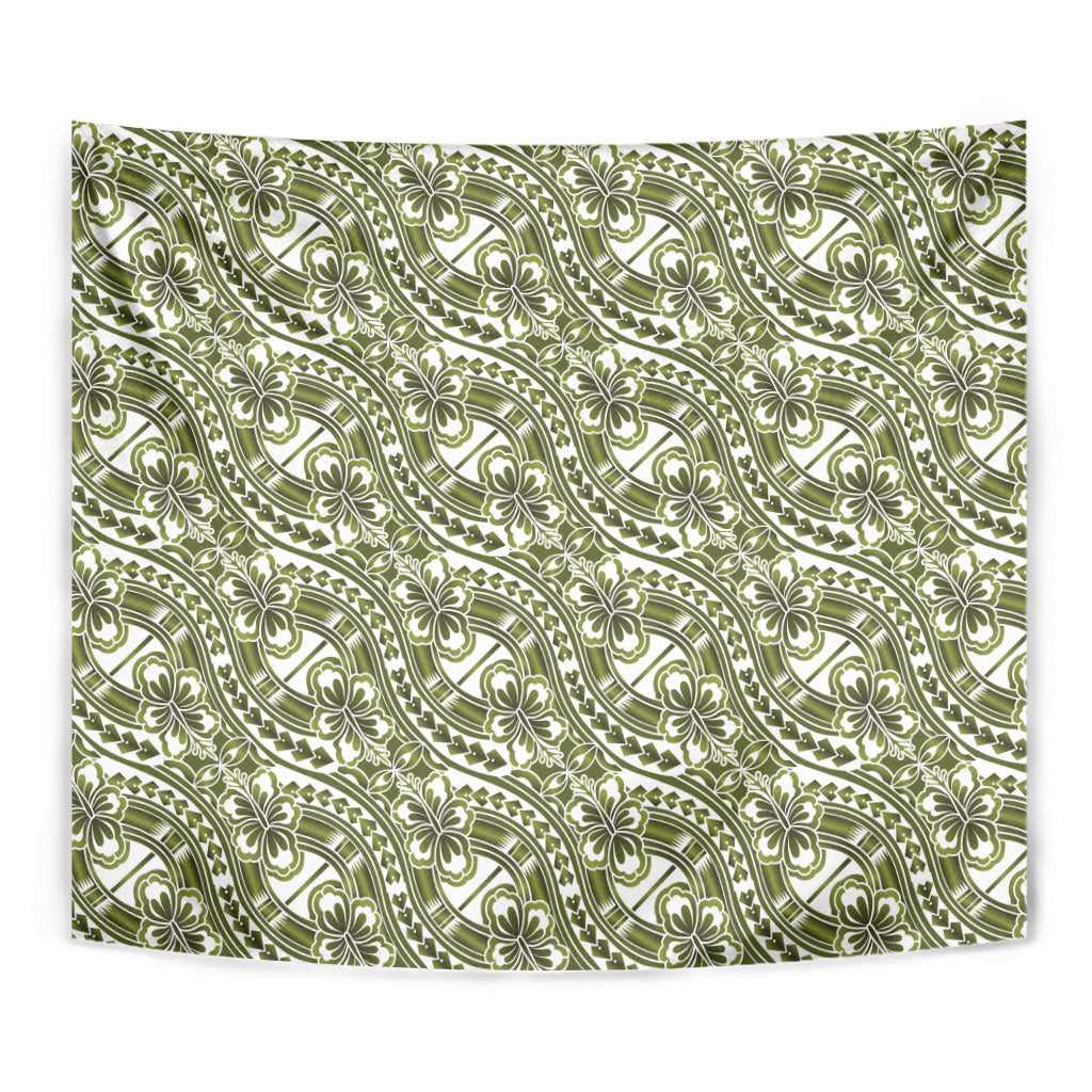 Hibiscus Bloom Island Tribal Waves Tapestry Olive Green Polynesian Pattern LT01 - Polynesian Pride