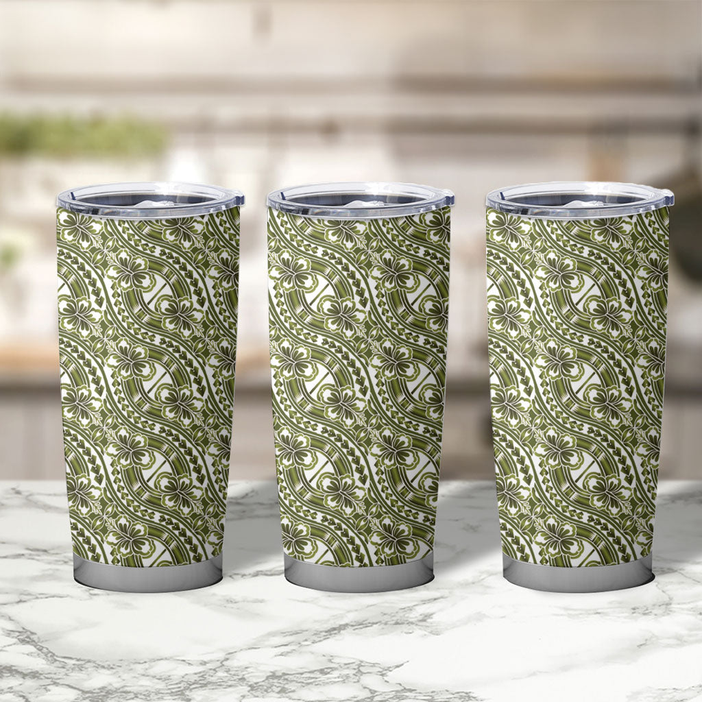 Hibiscus Bloom Island Tribal Waves Tumbler Cup Olive Green Polynesian Pattern LT01 - Polynesian Pride