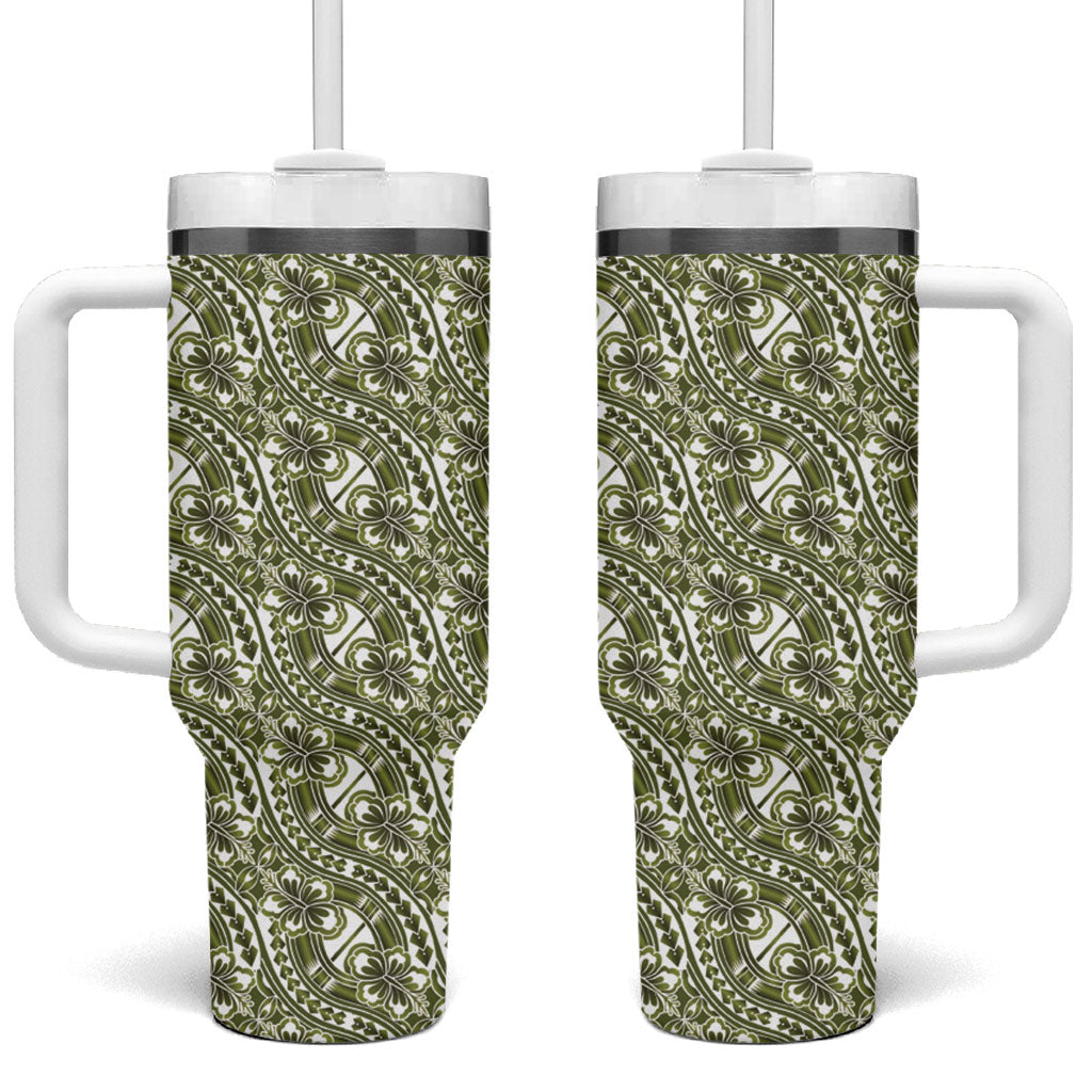 Hibiscus Bloom Island Tribal Waves Tumbler With Handle Olive Green Polynesian Pattern LT01 One Size: 40 oz Olive Green - Polynesian Pride