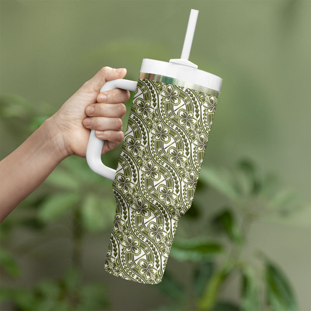 Hibiscus Bloom Island Tribal Waves Tumbler With Handle Olive Green Polynesian Pattern LT01 - Polynesian Pride
