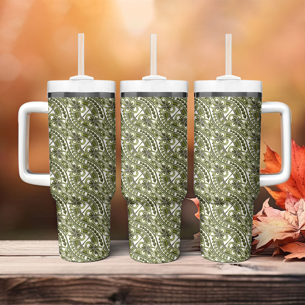 Hibiscus Bloom Island Tribal Waves Tumbler With Handle Olive Green Polynesian Pattern LT01 - Polynesian Pride