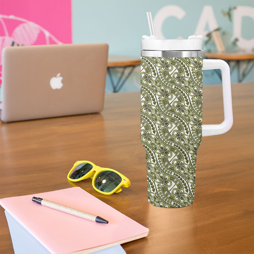 Hibiscus Bloom Island Tribal Waves Tumbler With Handle Olive Green Polynesian Pattern LT01 - Polynesian Pride
