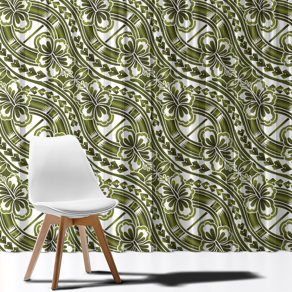 Hibiscus Bloom Island Tribal Waves Window Curtain Olive Green Polynesian Pattern LT01 - Polynesian Pride
