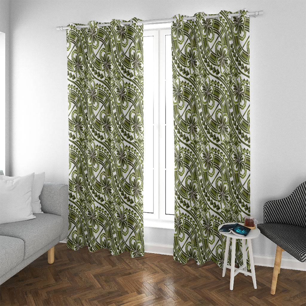 Hibiscus Bloom Island Tribal Waves Window Curtain Olive Green Polynesian Pattern LT01 With Grommets Olive Green - Polynesian Pride