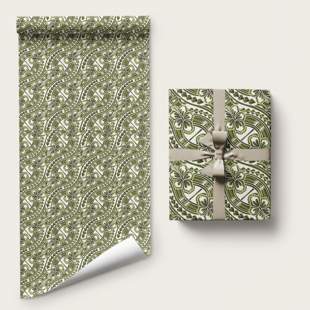 Hibiscus Bloom Island Tribal Waves Wrapping Paper Olive Green Polynesian Pattern LT01 58" × 23" Olive Green - Polynesian Pride