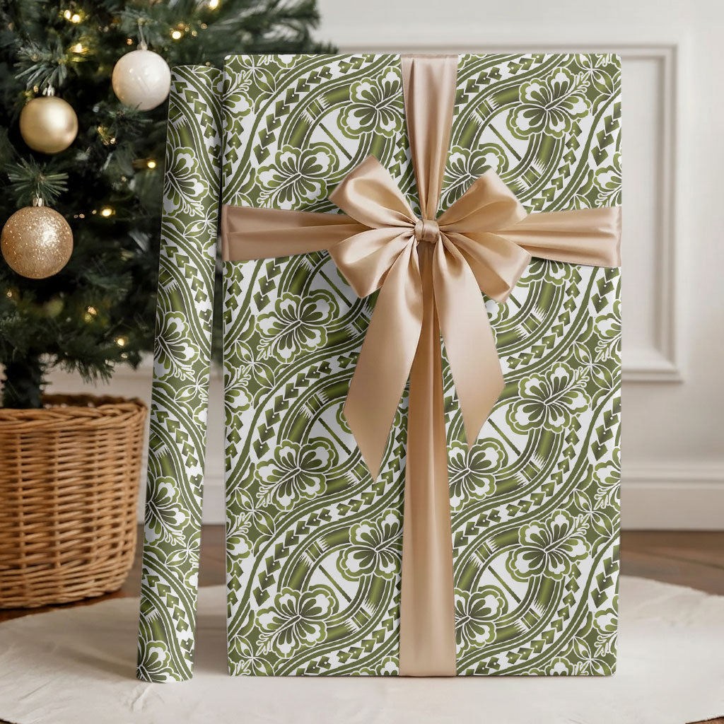 Hibiscus Bloom Island Tribal Waves Wrapping Paper Olive Green Polynesian Pattern LT01 - Polynesian Pride
