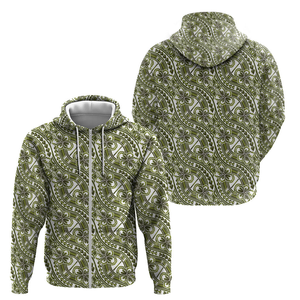 Hibiscus Bloom Island Tribal Waves Zip Hoodie Olive Green Polynesian Pattern LT01 - Polynesian Pride