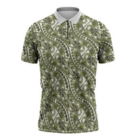 Hibiscus Bloom Island Tribal Waves Zipper Polo Shirt Olive Green Polynesian Pattern LT01 Olive Green - Polynesian Pride