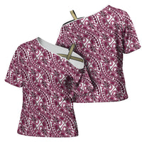 Hibiscus Bloom Island Tribal Waves Cross Shoulder Shirt Pink Polynesian Pattern LT01 - Polynesian Pride