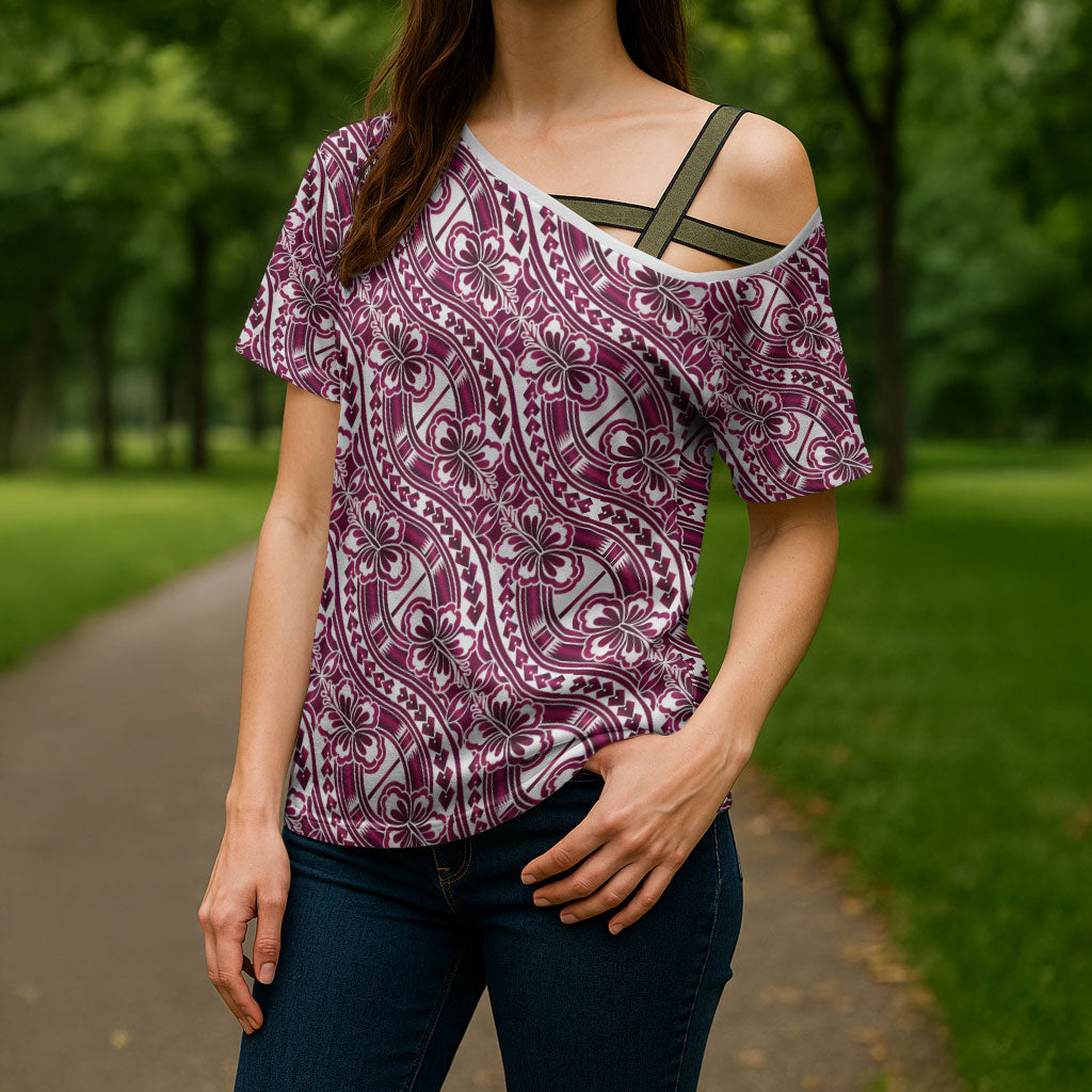 Hibiscus Bloom Island Tribal Waves Cross Shoulder Shirt Pink Polynesian Pattern LT01 - Polynesian Pride