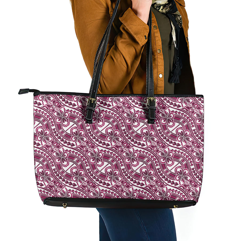 Hibiscus Bloom Island Tribal Waves Leather Tote Bag Pink Polynesian Pattern LT01 - Polynesian Pride